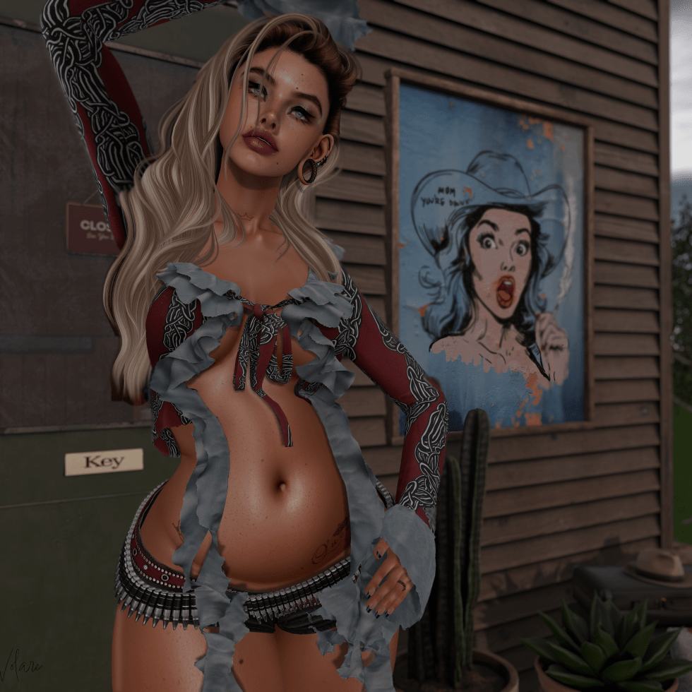 render of woman avatar with blonde hair, red and blue blouse and black mini skirt