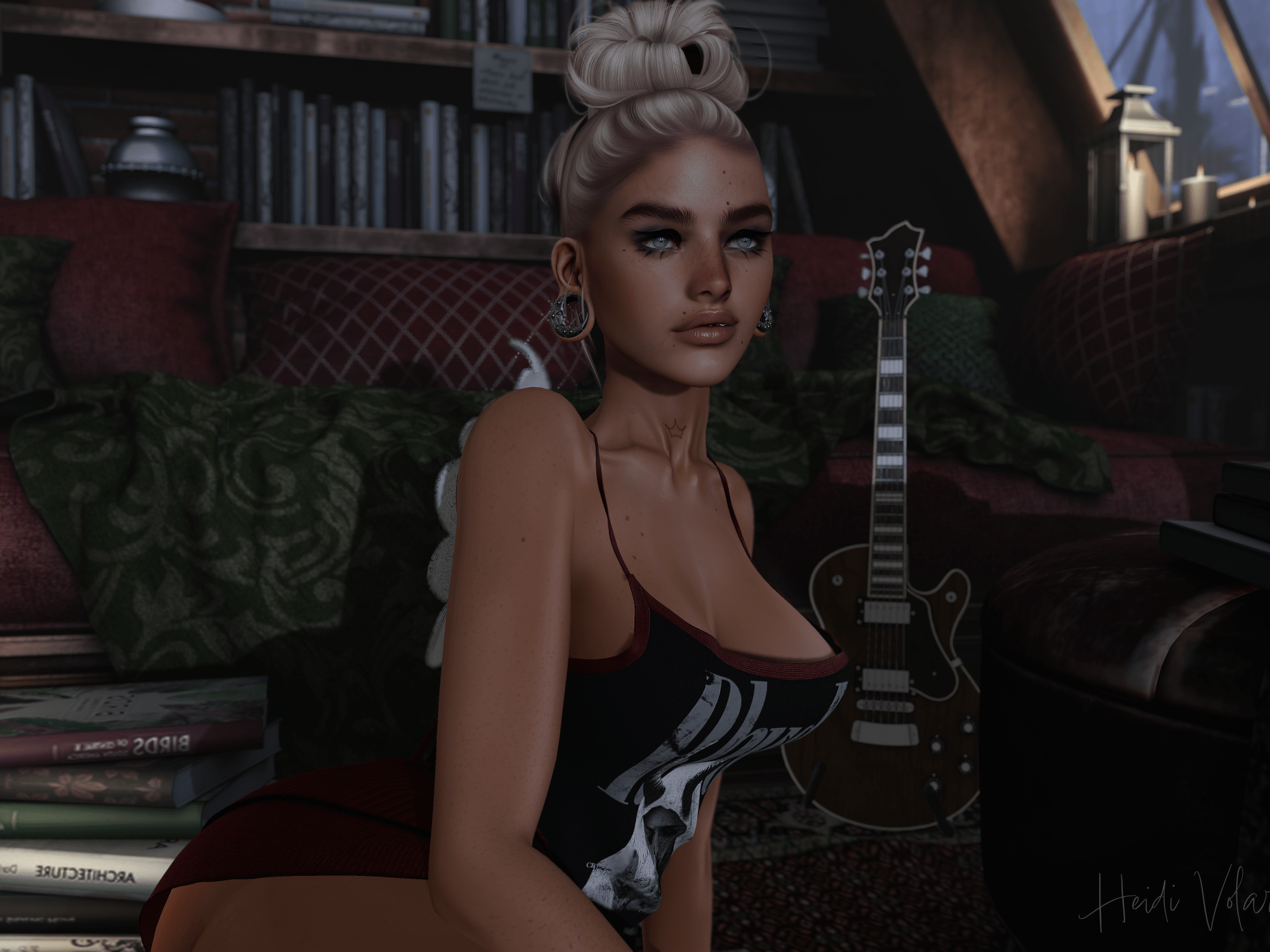 Image of female avatar with blonde hair wearing a black tank top and red skirt lounging in a library.
