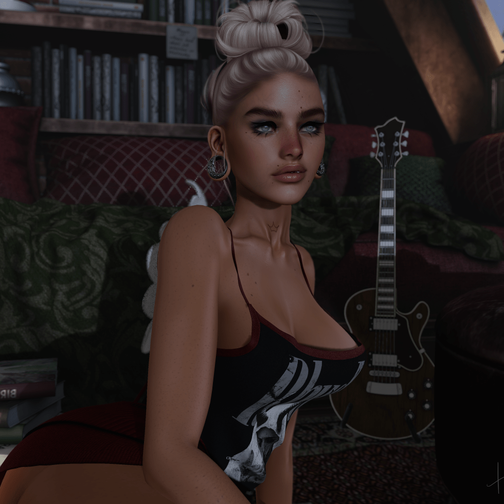 Image of female avatar with blonde hair wearing a black tank top and red skirt lounging in a library.