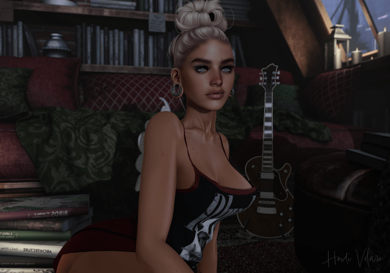 Image of female avatar with blonde hair wearing a black tank top and red skirt lounging in a library.