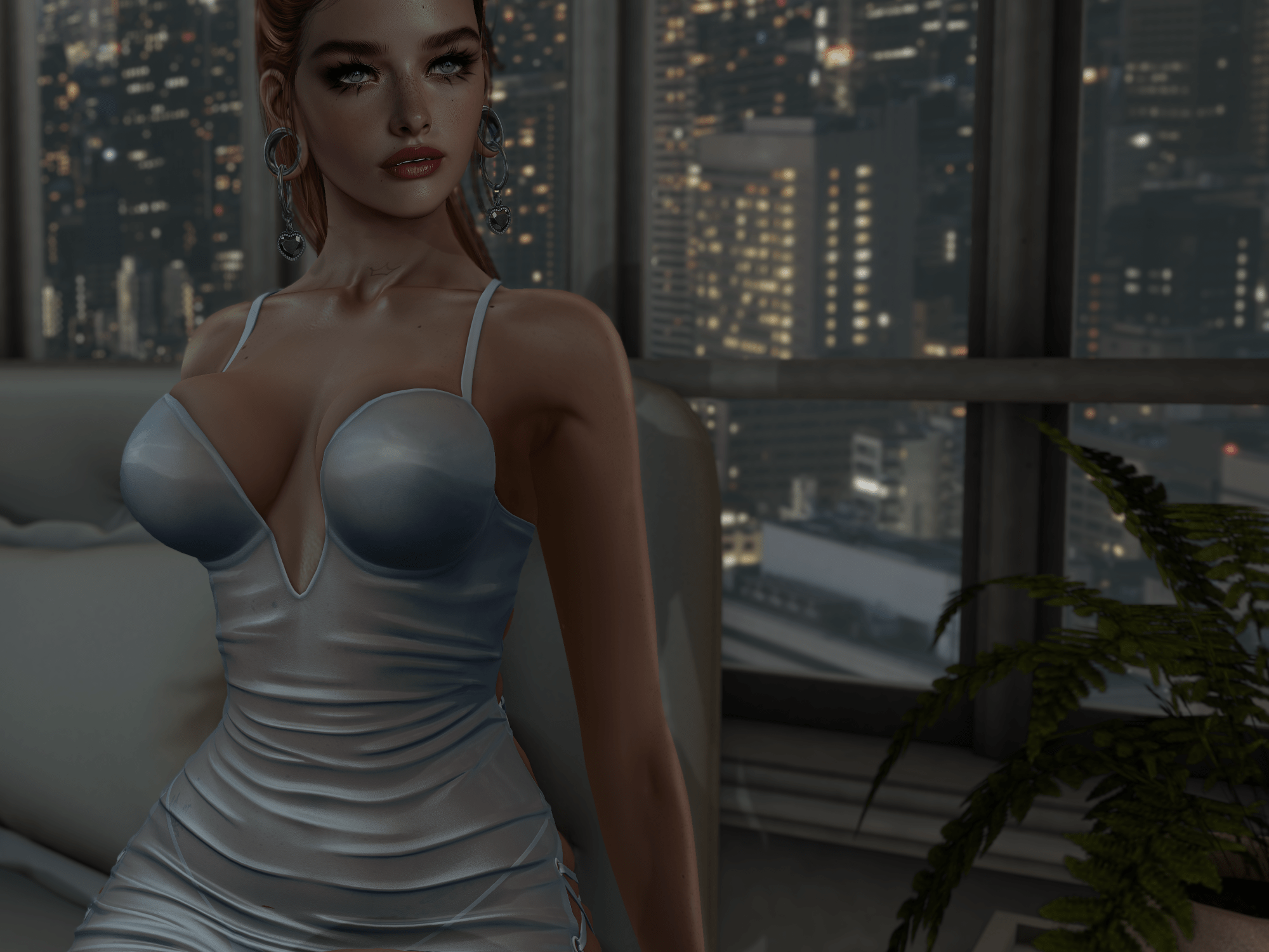 Image of a female avatar with red hair in a pony tail wearing a silver-blue cocktail dress sitting on a bed with the city skyline behind her.