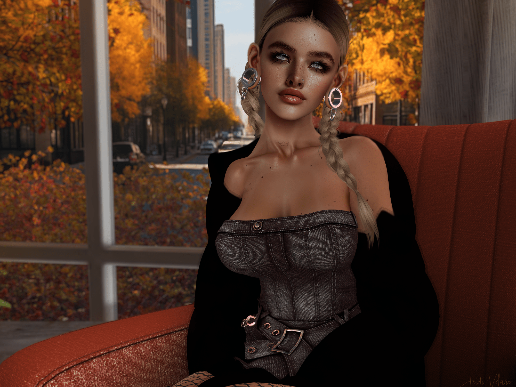 Image a female avatar with dark blonde braids sitting on an orange chair wearing a dark denim dress.