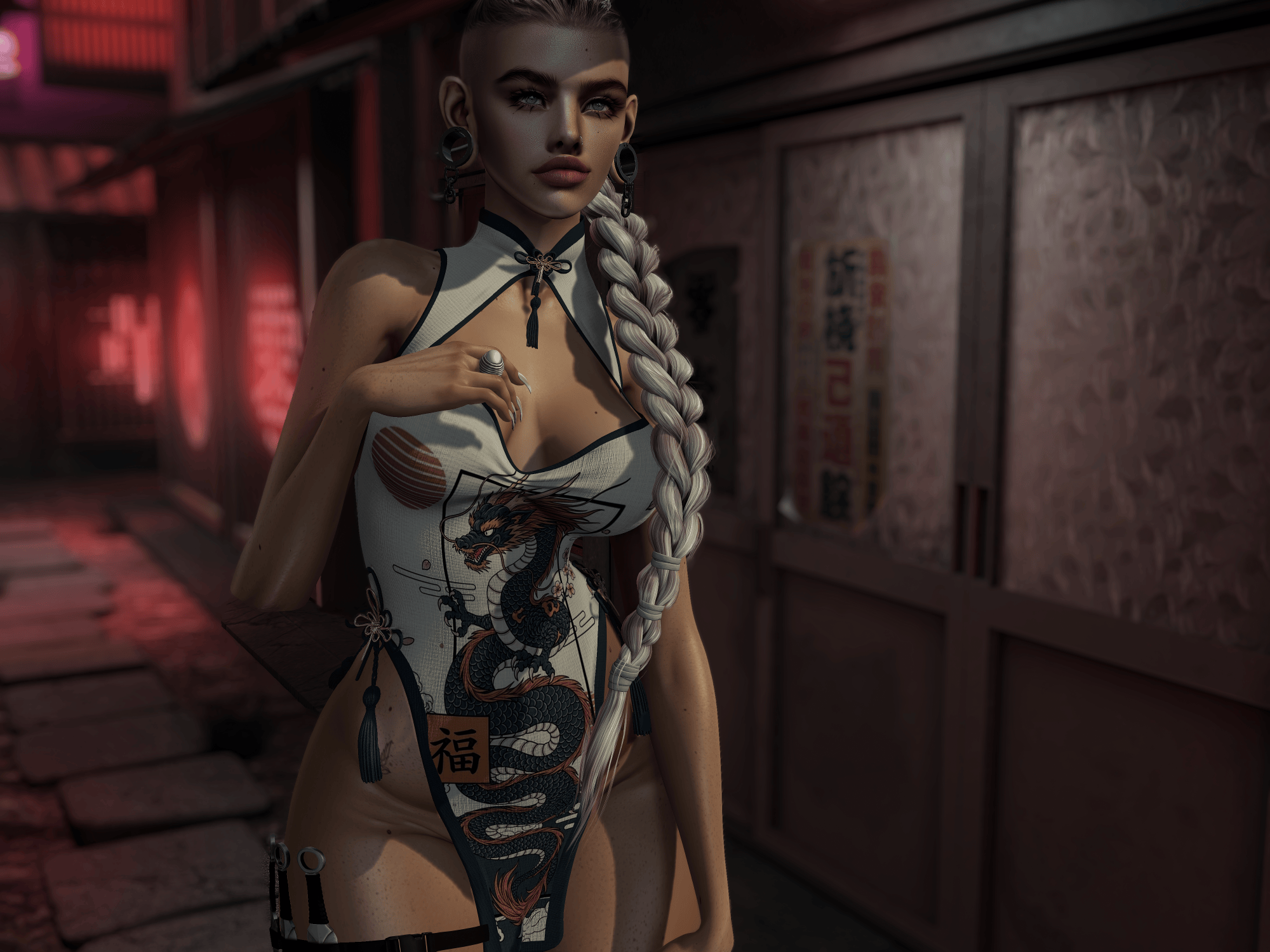 A stylized female avatar with a long silver braid stands in a dimly lit alley, wearing a white and black dragon-patterned outfit with thigh straps and large dark earrings. Red and pink light glow from the buildings behind her, creating a moody, atmospheric scene.