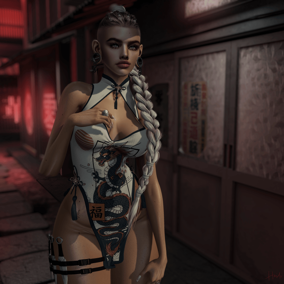A stylized female avatar with a long silver braid stands in a dimly lit alley, wearing a white and black dragon-patterned outfit with thigh straps and large dark earrings. Red and pink light glow from the buildings behind her, creating a moody, atmospheric scene.
