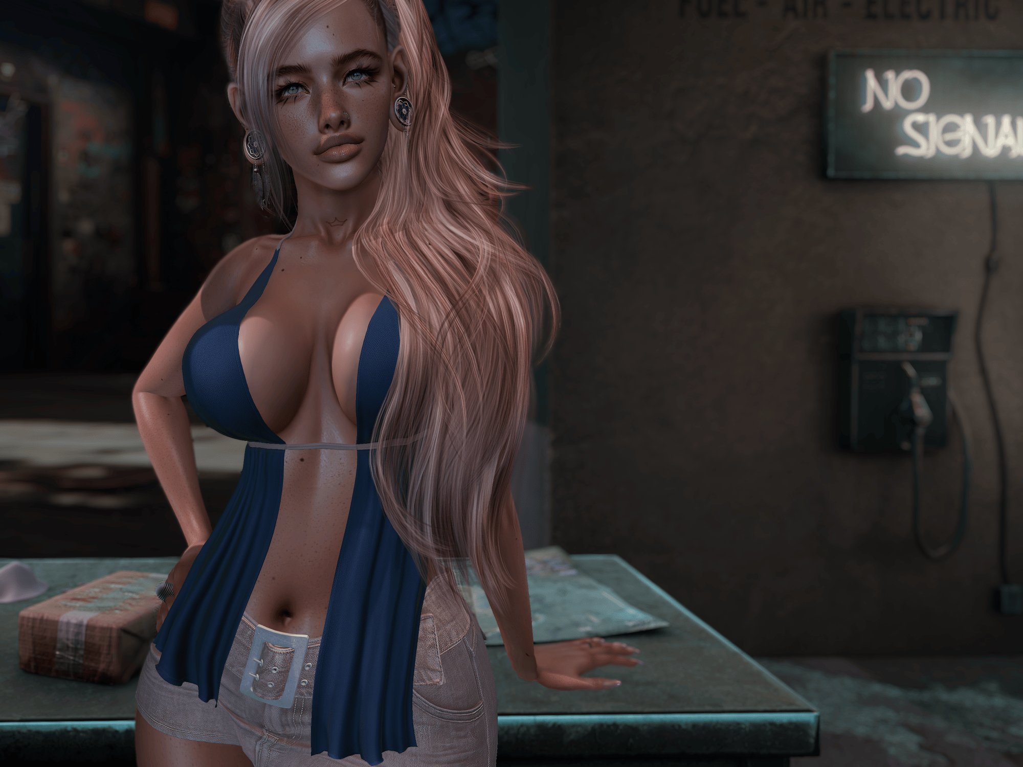 image of a female avatar. her blonde hair in a pony tail. Wearing a teal blue tank top and a light tan denim skirt.