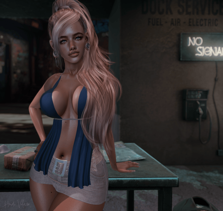 Image of a voluptuous female avatar. Her blonde hair in a pony tail. Wearing a teal blue tank top and a light tan denim mini skirt.