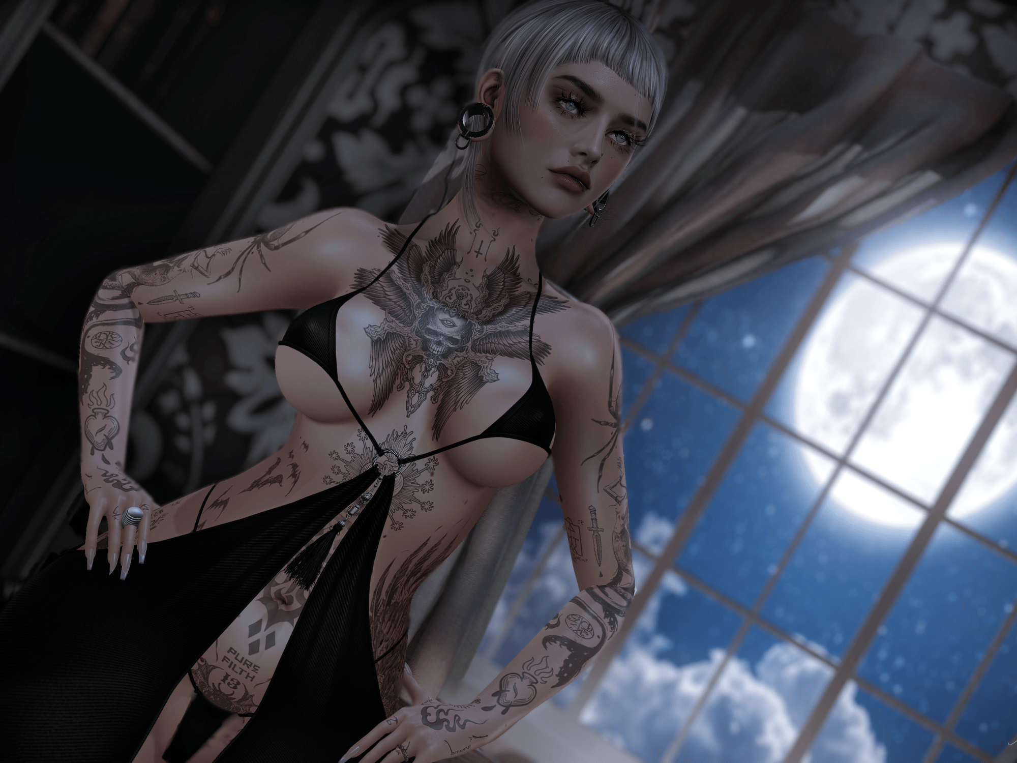 A tattooed woman with short silver hair poses in a flowing black dress before a large moonlit window, surrounded by soft shadows and a dreamy midnight atmosphere.