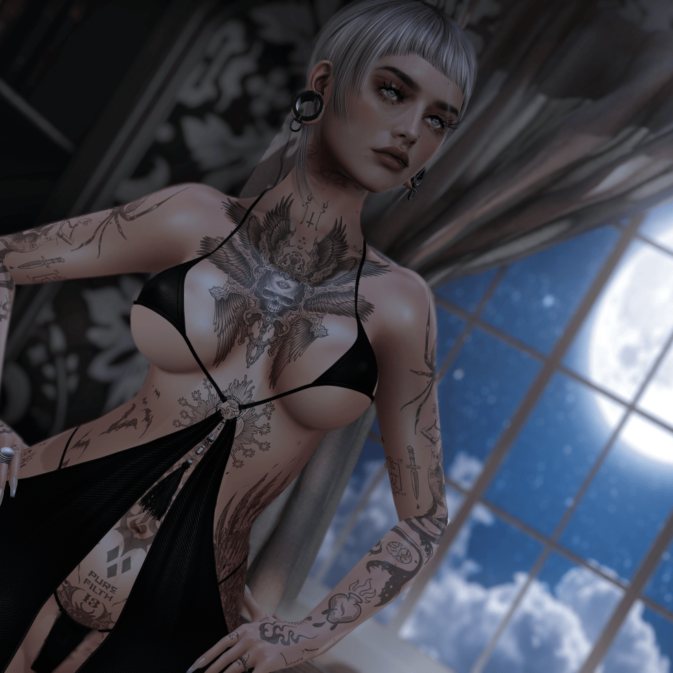 A tattooed woman with short silver hair poses in a flowing black dress before a large moonlit window, surrounded by soft shadows and a dreamy midnight atmosphere.